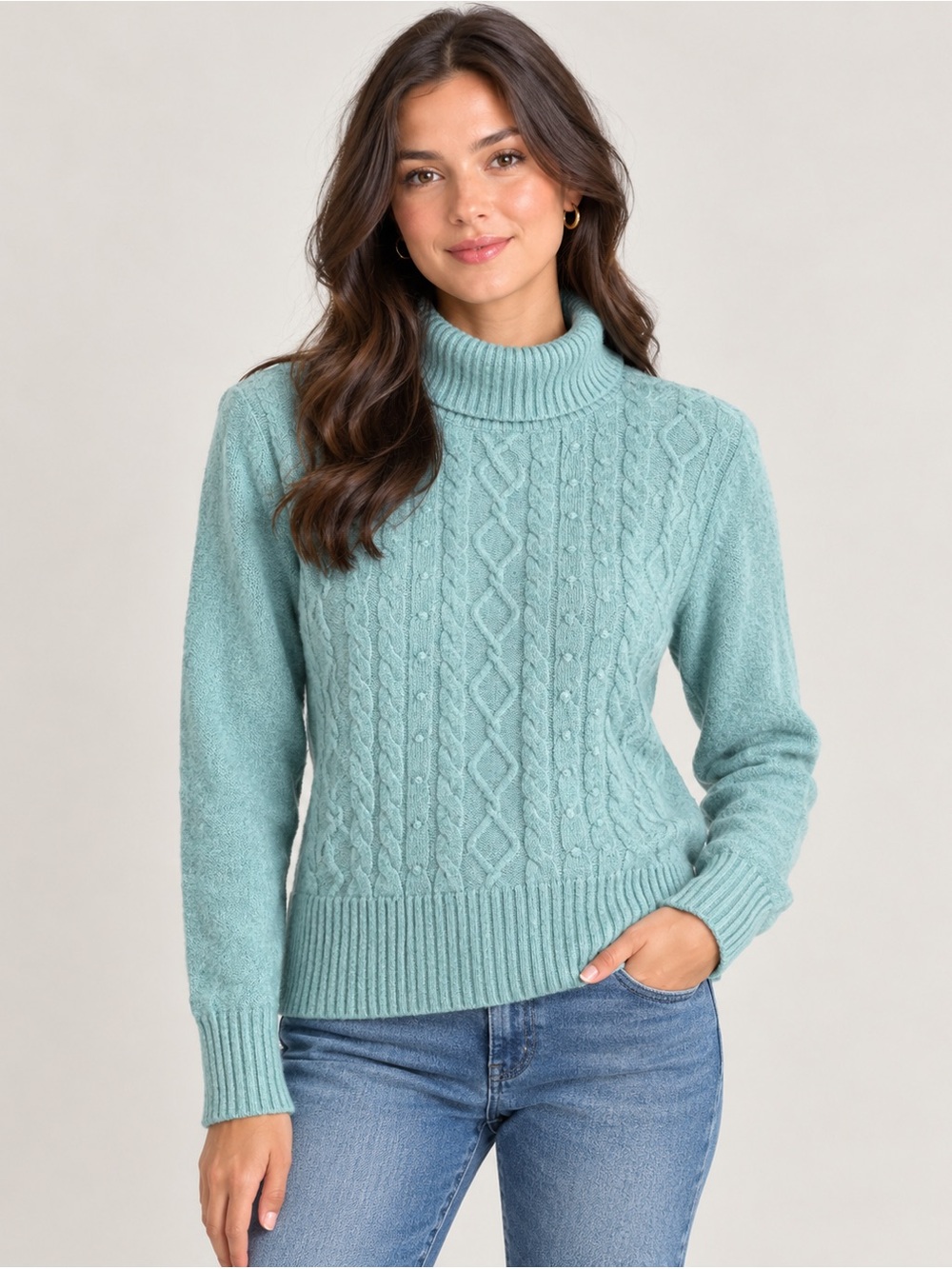 Charter Club 100% Cashmere Light Teal Cable Knit Turtleneck Sweater Size M